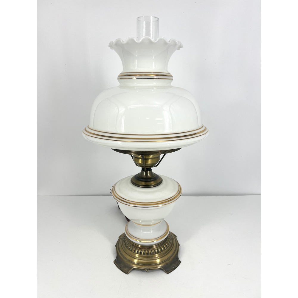 Vintage Milk Glass Hurricane Lamp Gold Trim Brass Base Electric Table Light 24in